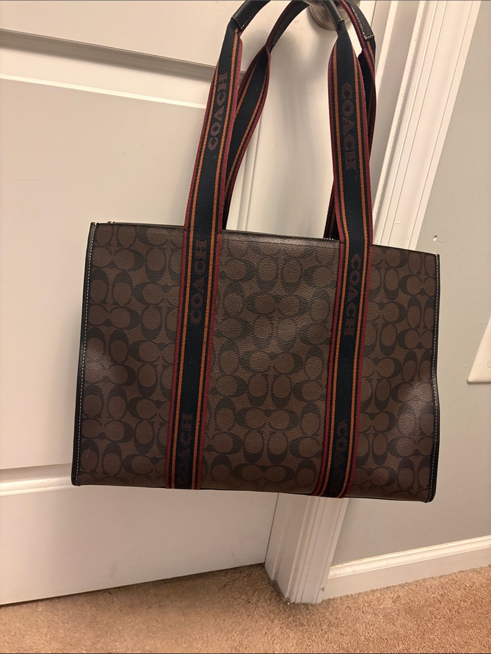 Coach Brown Signature Canvas Tote with Red-Trim Straps - Picture 6 of 8